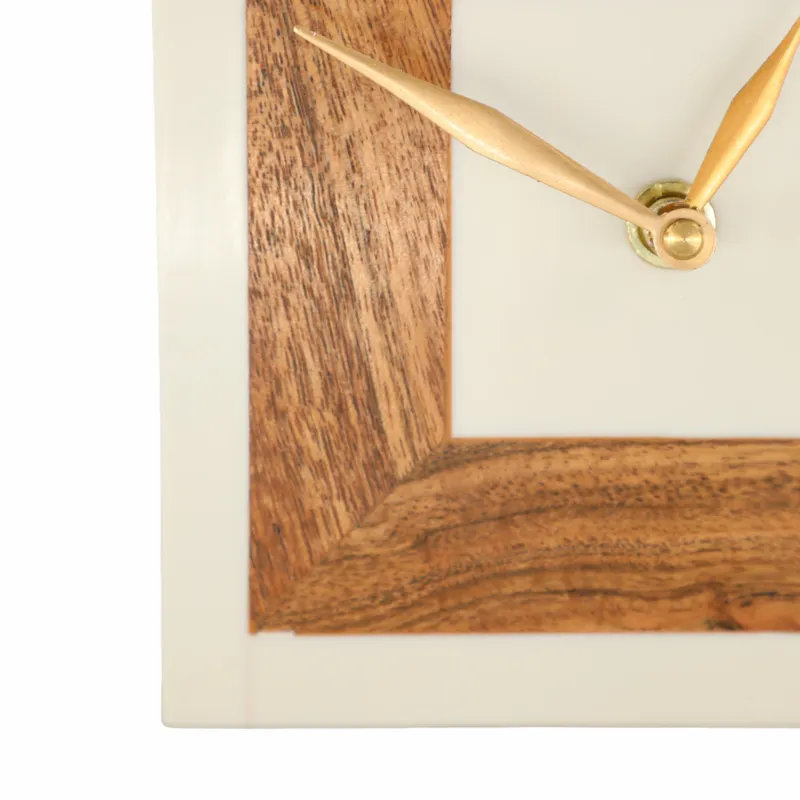 5\" Square Resin Clock With Wood Inlay, Ivory/natur