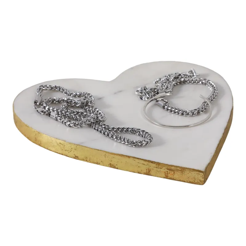8x8\" Marble Heart Tray W/ Gold Edges, White
