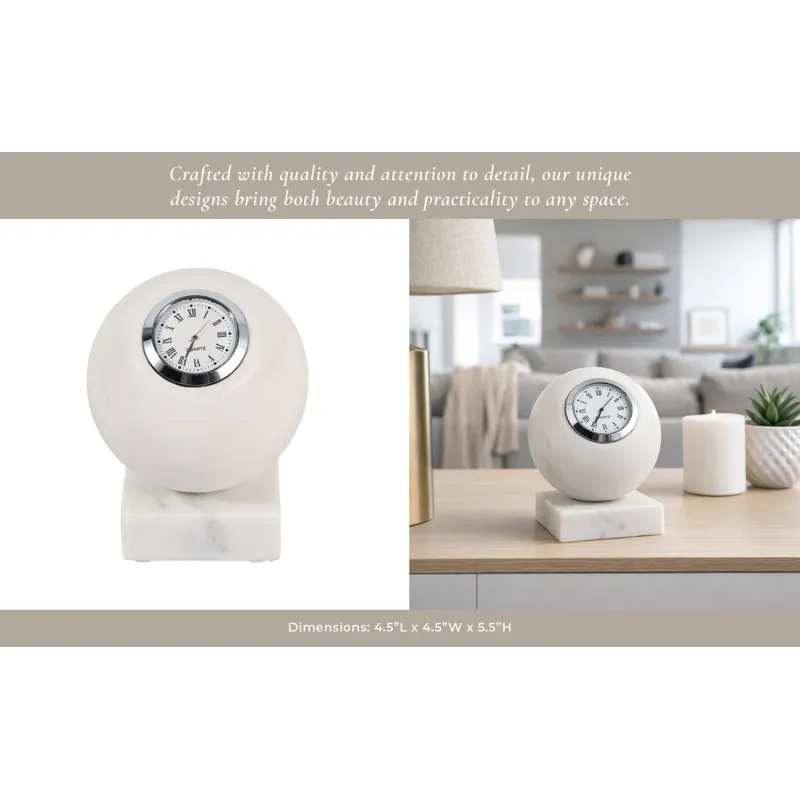 5x4\" Round Marble Clock On Base, White/silver