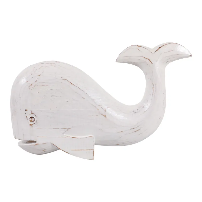 12x8" Alibizia Wood Whale, White