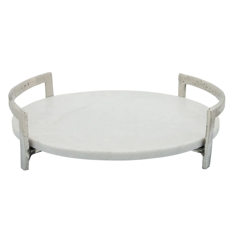 14" Metal Tray W/ Marble, Silver