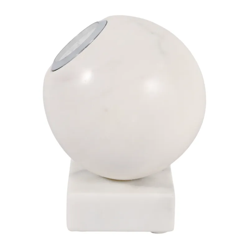 5x4\" Round Marble Clock On Base, White/silver