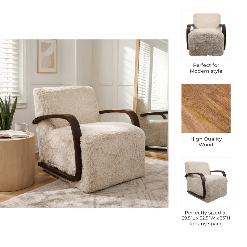 32x31" Faux Fur Accent Chair, Ivory/brown