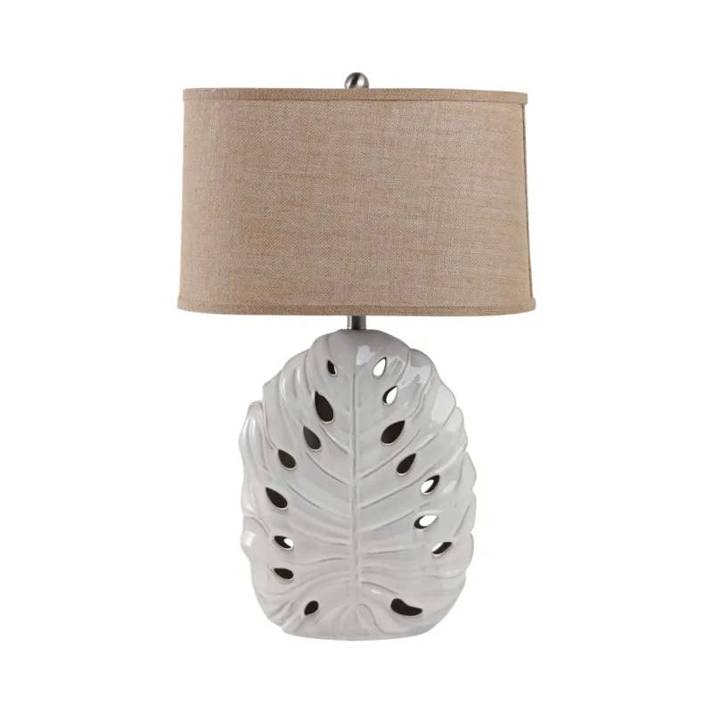 29x18\" Pierced Leaf On Ceramic Lamp, White