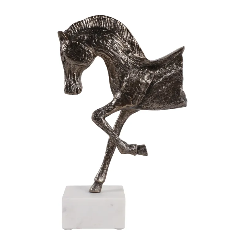 15x9" Galloping Horse On Marble Base, Antique Bras