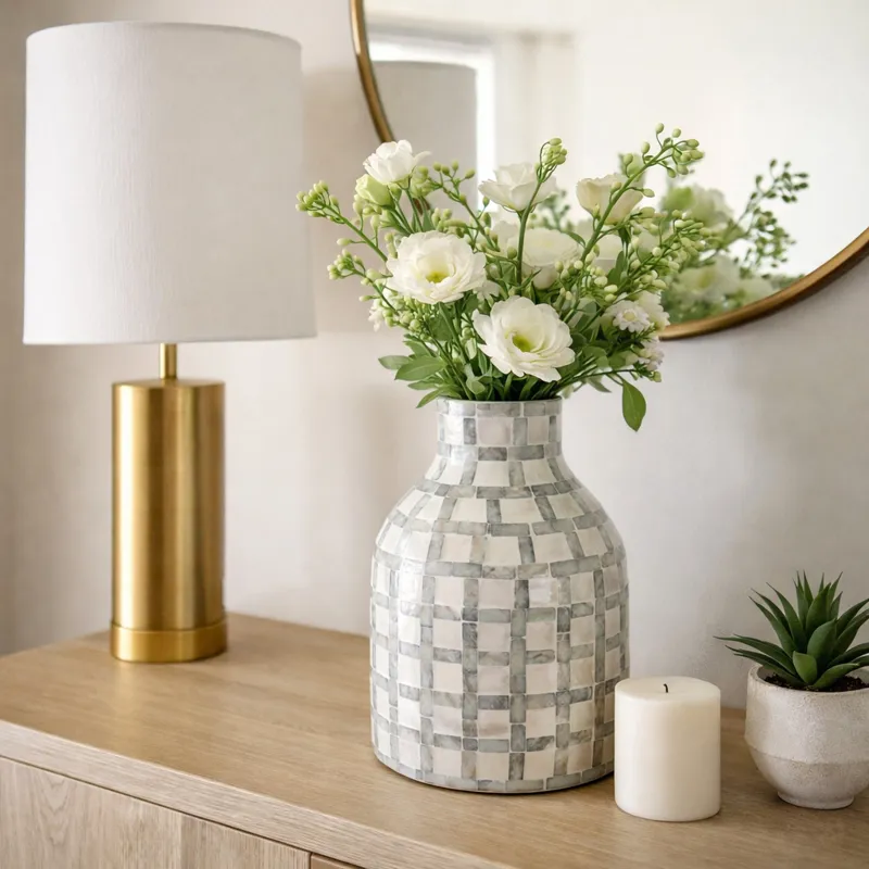 12x8\" Capiz Plaid Vase, Ivory Multi