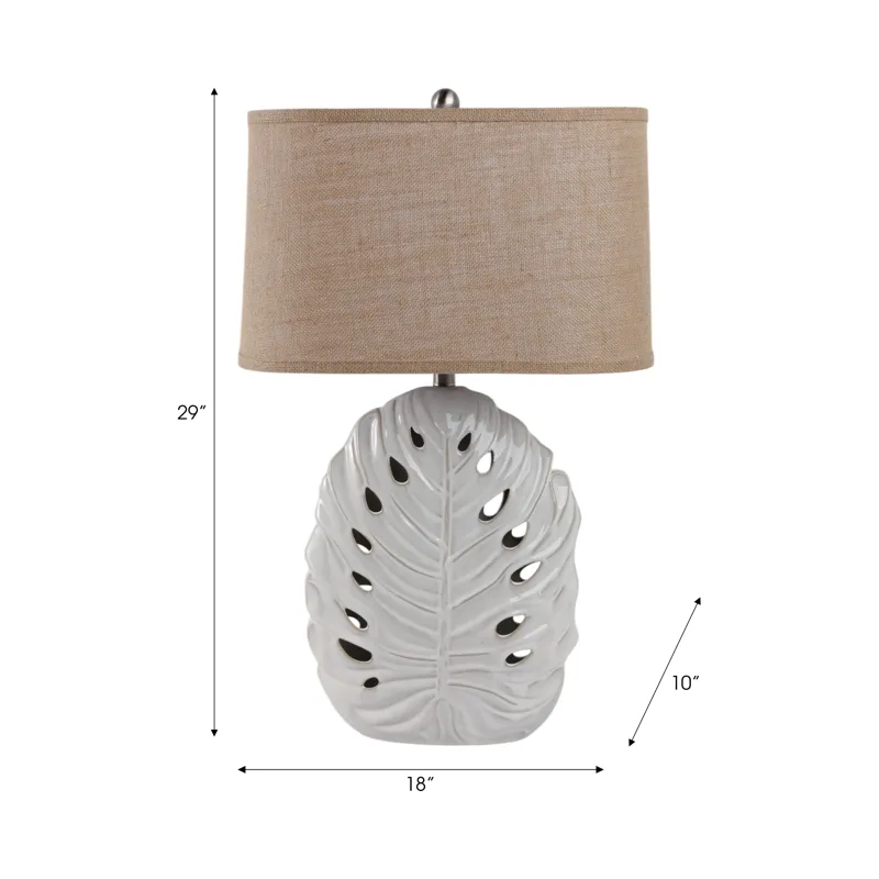 29x18\" Pierced Leaf On Ceramic Lamp, White