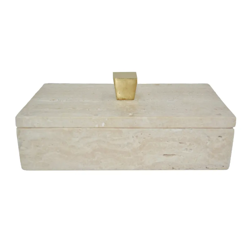 9x5\" Travertine Box With Gold Knob, Tan