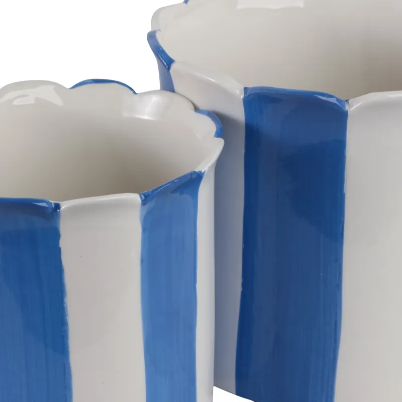 S/2 6/8\" Striped Scallop Edge Planters, White/blue
