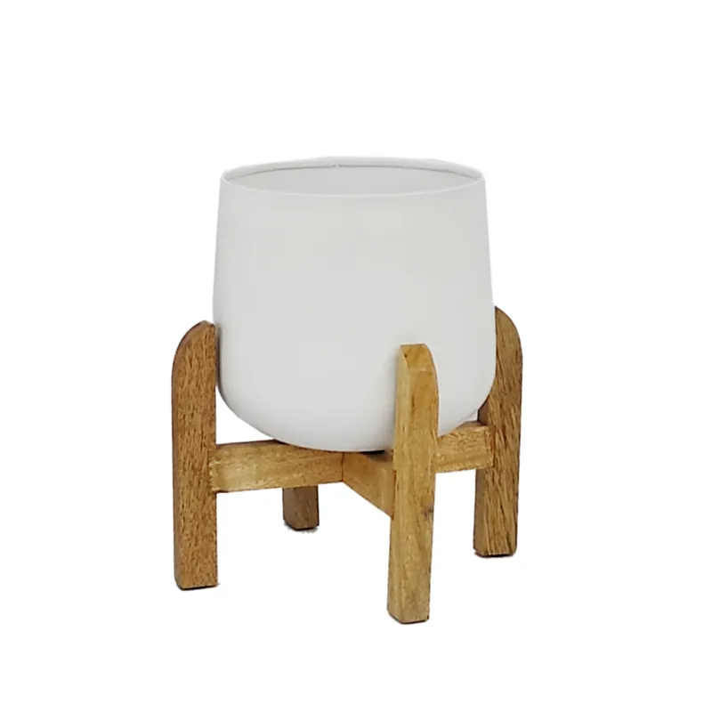 S/3 Metal 9/10/12" Planter W/ Wood Stand, White