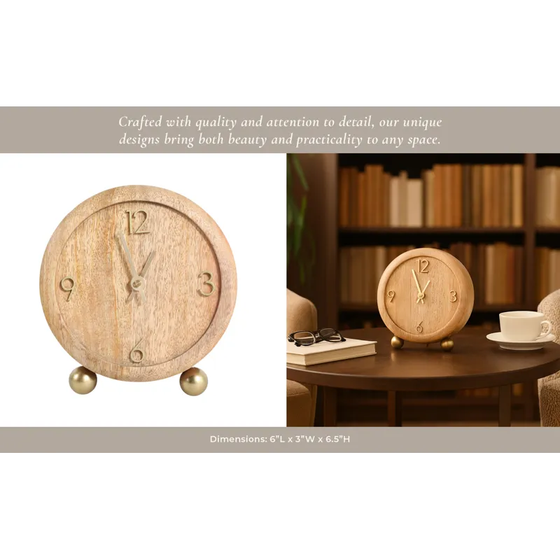 7x6\" Round Footed Clock With Brass Details, Natura