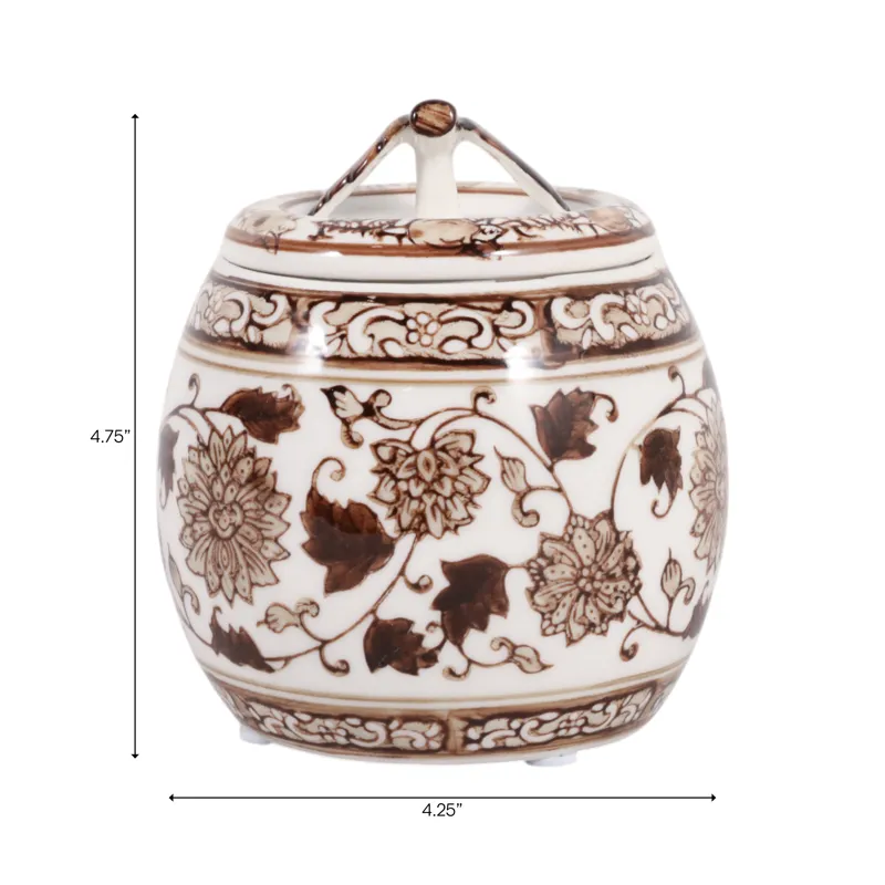5\" 8.5oz Peony Chinoiserie Lidded Candle,brown/wht