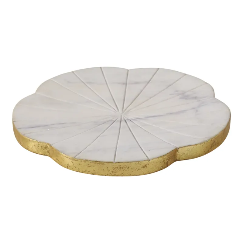 8x8\" Marble Flower Tray W/ Gold Edges, White