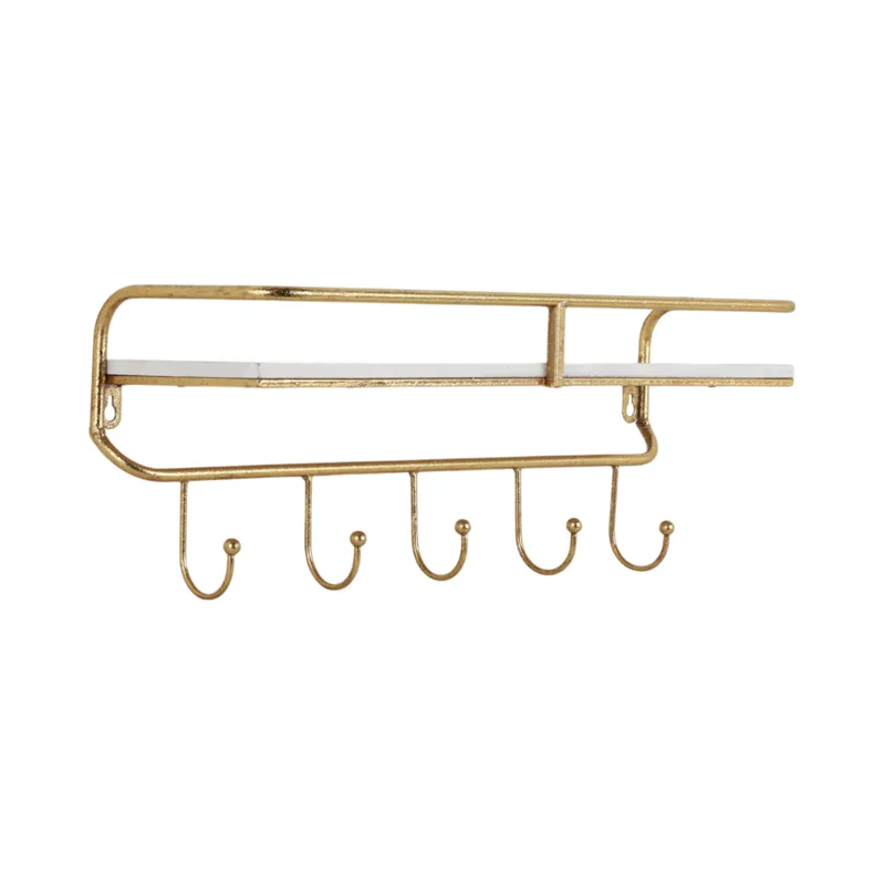 Ec Metal/wood 20\" 5  Hook Wall Shelf, White/gold