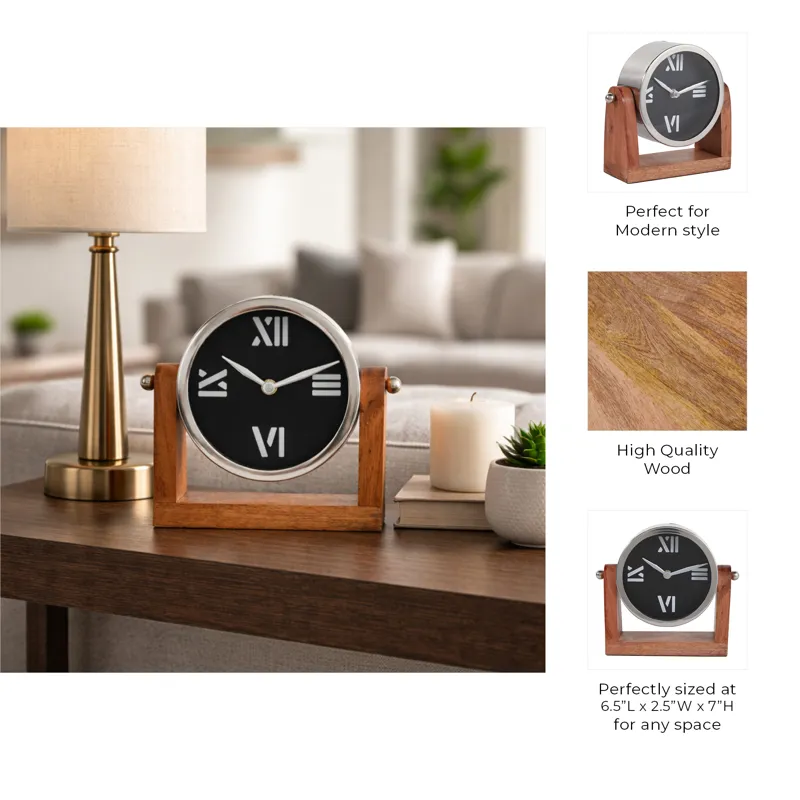 7x7\" Clock On Wood Base, Natural/silver