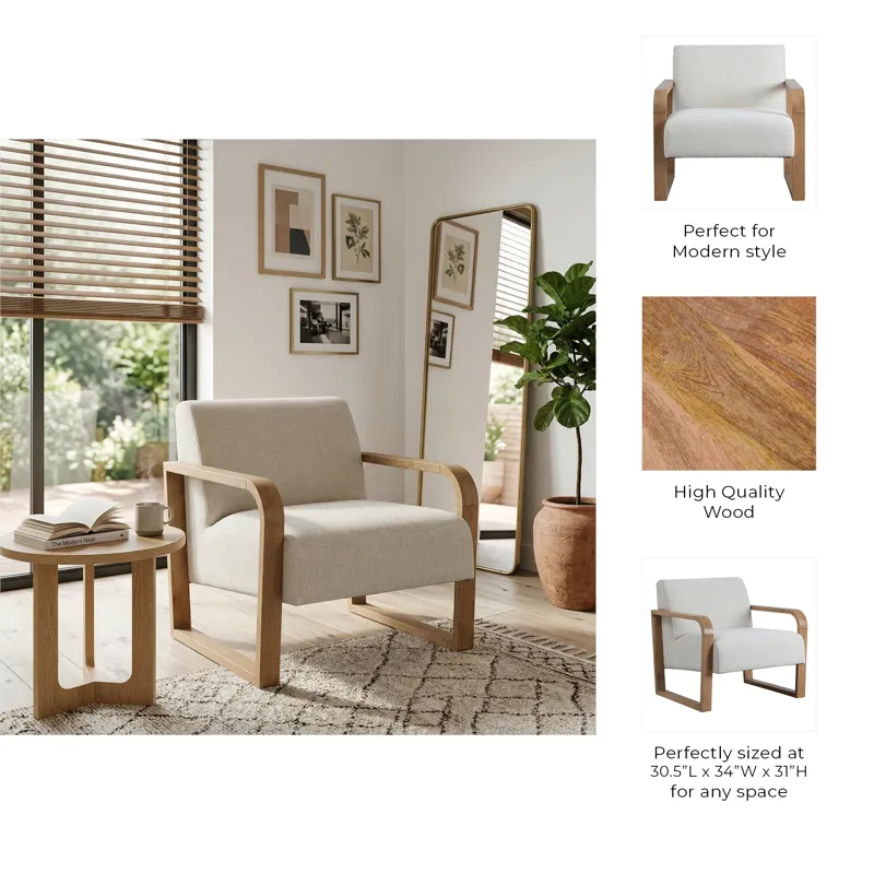 34x31" Open Arm Accent Chair, Ivory/brown