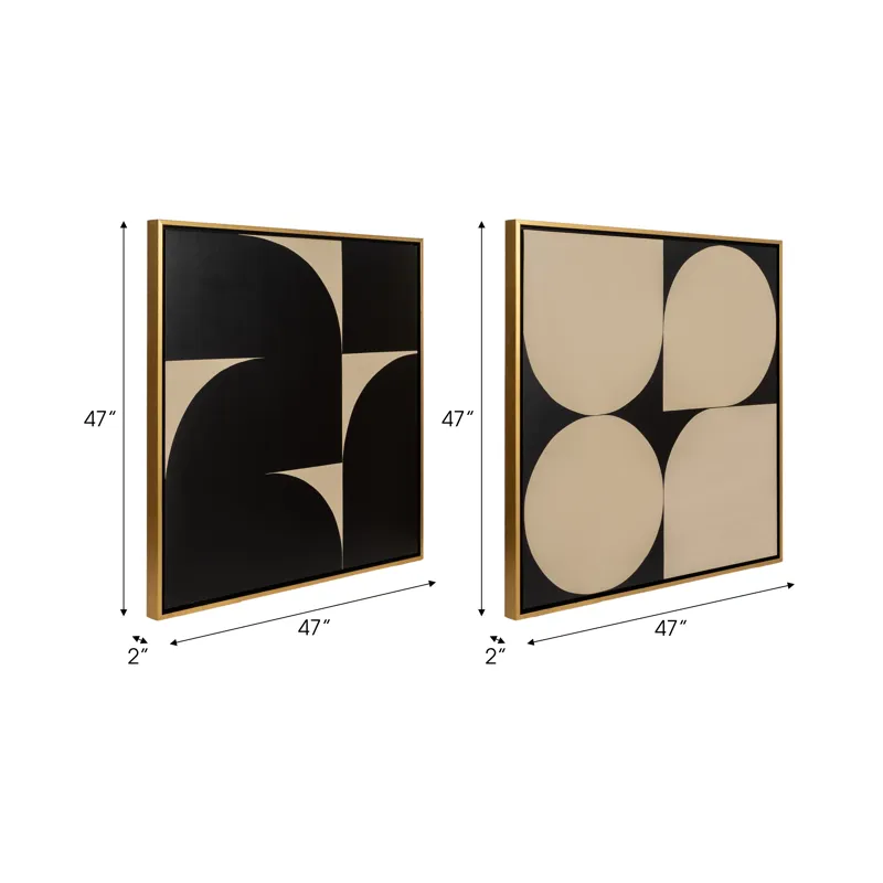 S/2 95x47 Hand Painted Modern Geos, Tan/black