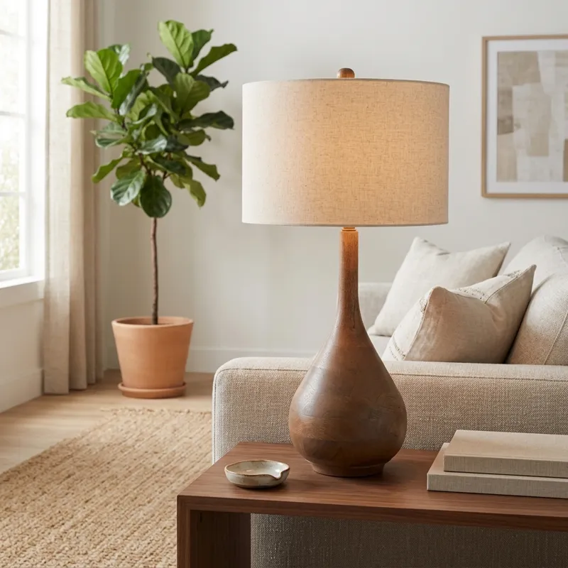 18" Wooden Table Lamp With Cotton Shade