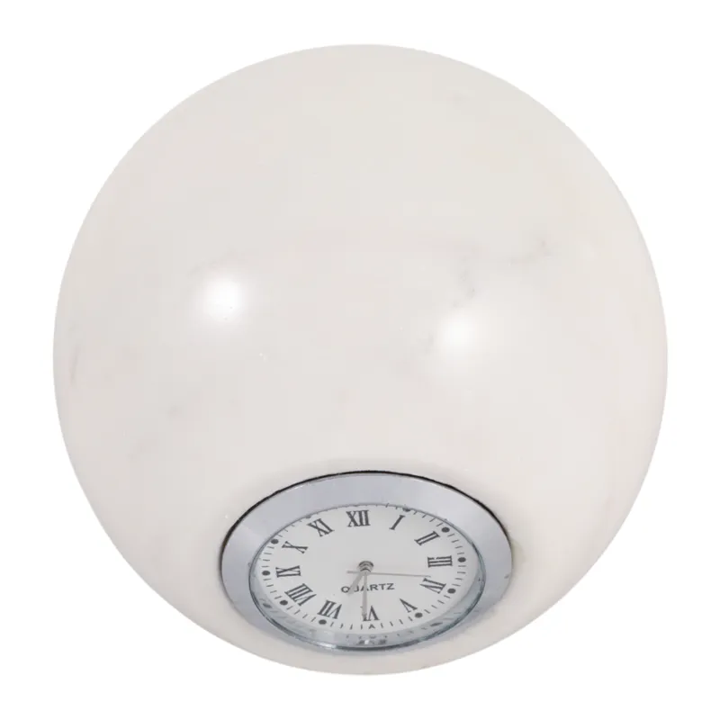 5x4\" Round Marble Clock On Base, White/silver