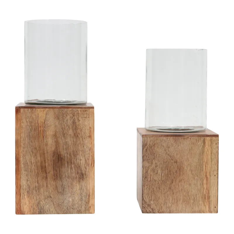 Wood, 13\" Square Base Pillar Hurricane, Natural