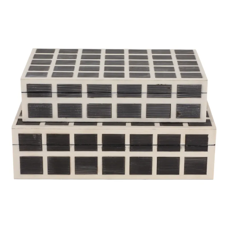 S/2 10/11" Etched Squares Resin Boxes, Ivory/brown