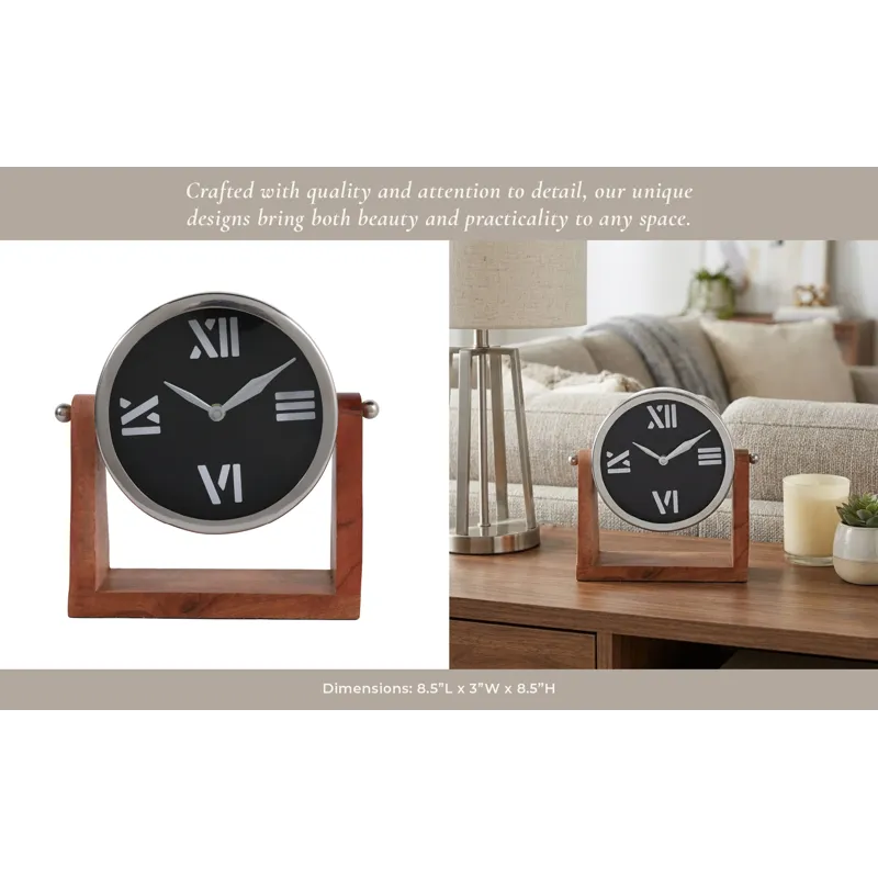 9x8\" Clock On Wood Base, Natural/silver