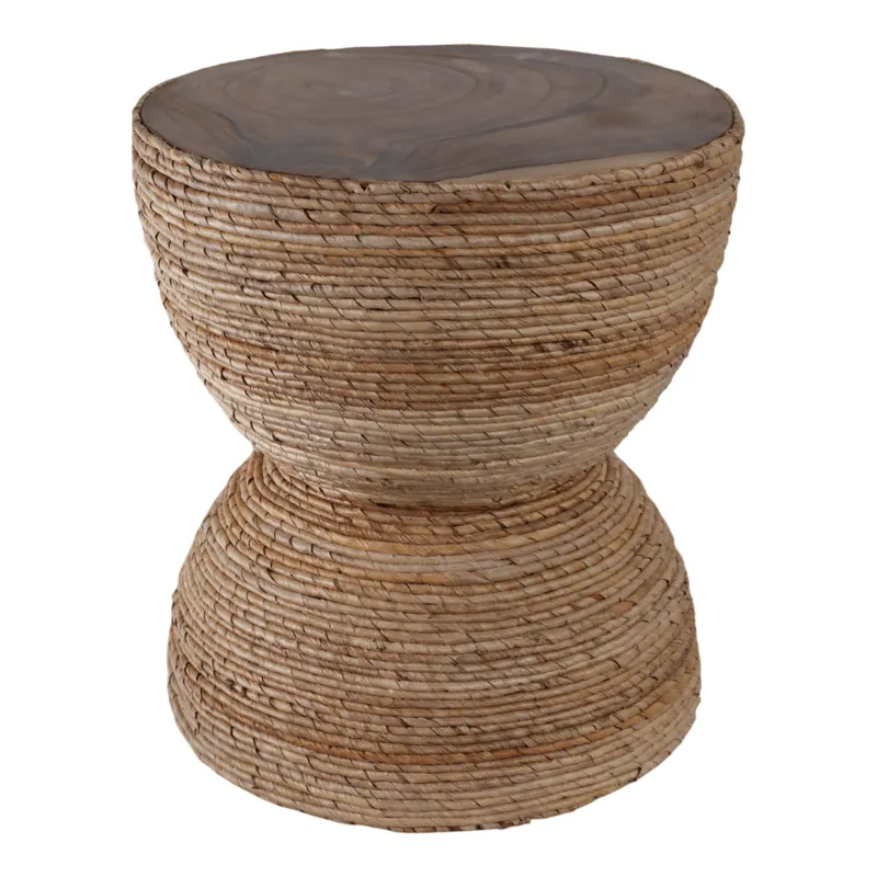 18\" Teakwood Accent Table W/woven Banana Leaf, Nat