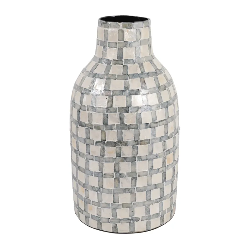 15x9\" Capiz Plaid Vase, Ivory Multi
