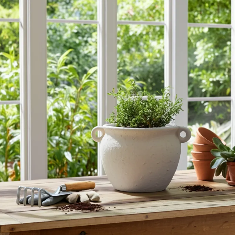 10\" Textured Stoneware Jug Planter, White