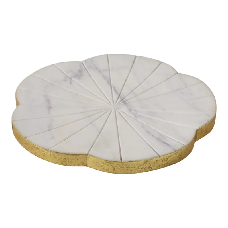 8x8\" Marble Flower Tray W/ Gold Edges, White
