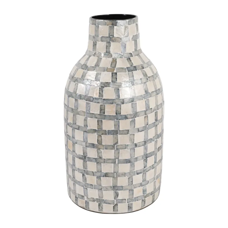 15x9\" Capiz Plaid Vase, Ivory Multi