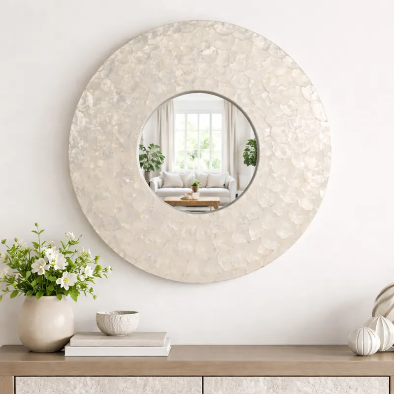 27" Round Capiz Mirror, Ivory