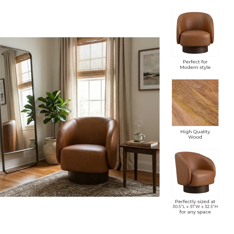 32x31" Faux Leather Swivel Accent Chair, Brown