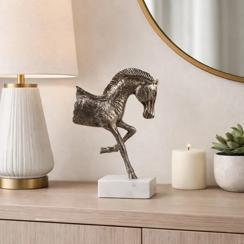 15x9" Galloping Horse On Marble Base, Antique Bras