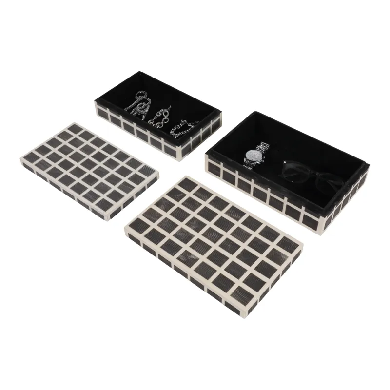 S/2 10/11" Etched Squares Resin Boxes, Ivory/brown