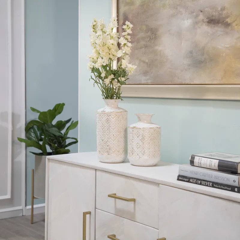 Metal  13" Deco Tribal Jar, Antique White