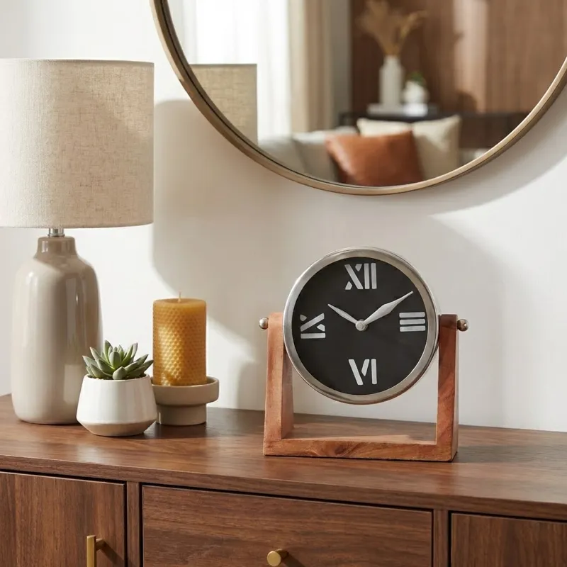 9x8\" Clock On Wood Base, Natural/silver