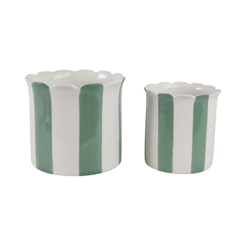 S/2 6/8\" Striped Scallop Edge Planters, White/gn