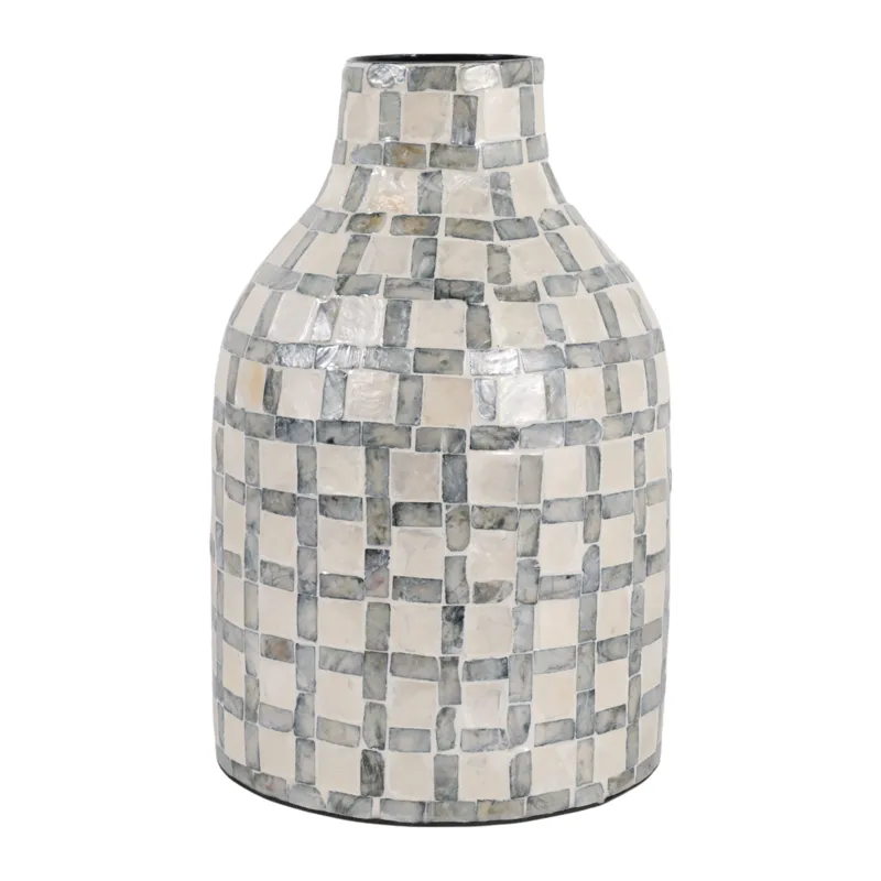 12x8\" Capiz Plaid Vase, Ivory Multi