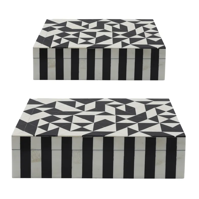 Resin, S/2 10/12" Harlequin Boxes, Black/white