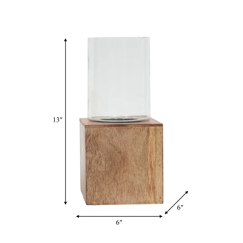 Wood, 13\" Square Base Pillar Hurricane, Natural
