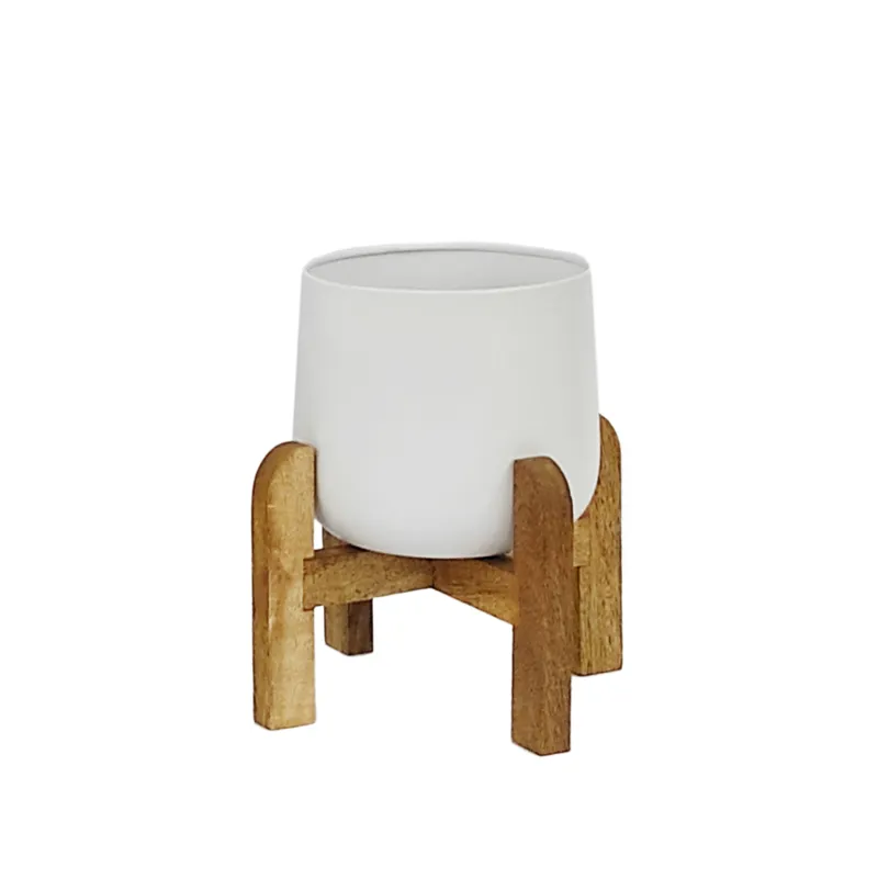 S/3 Metal 9/10/12" Planter W/ Wood Stand, White