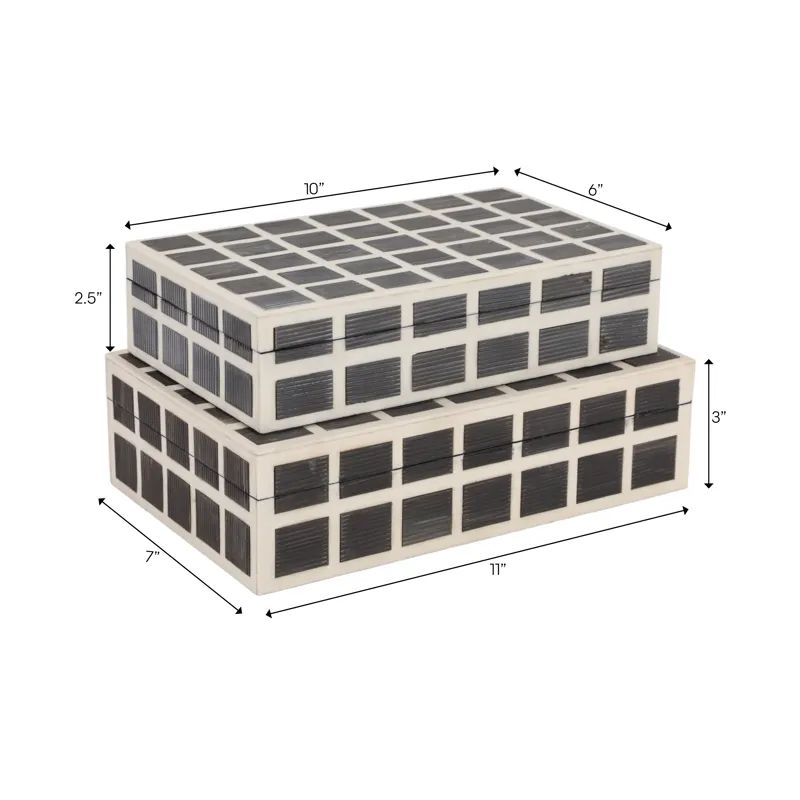 S/2 10/11" Etched Squares Resin Boxes, Ivory/brown