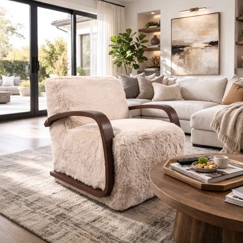 32x31" Faux Fur Accent Chair, Ivory/brown
