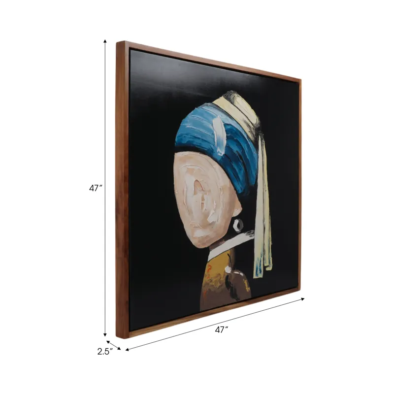 47x47 Hand Painted Girl With Pearl Earring, Multi