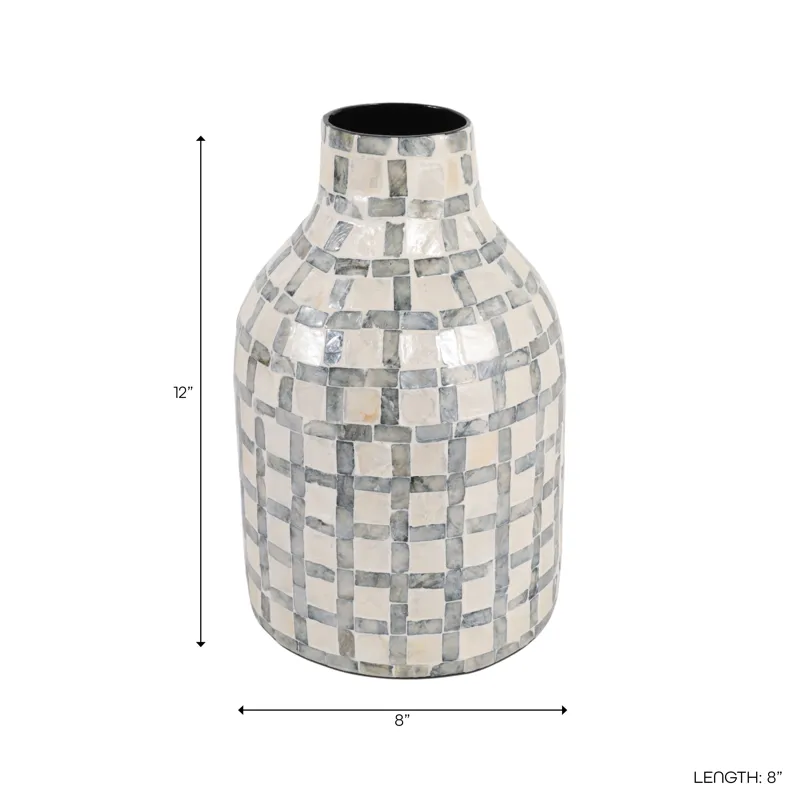 12x8\" Capiz Plaid Vase, Ivory Multi