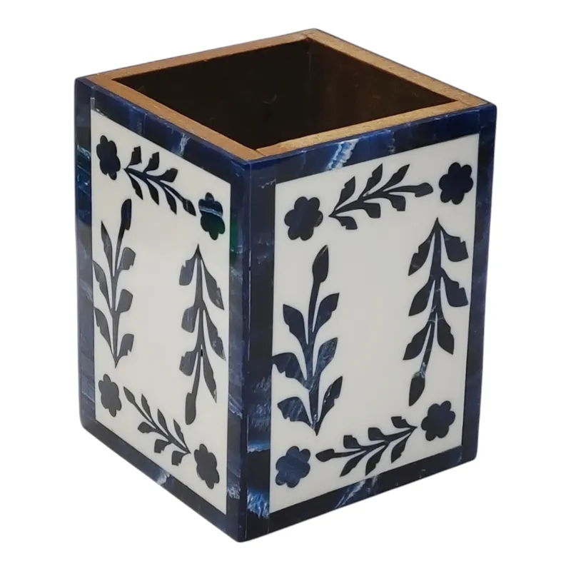 4x3\" Blue Petals Resin Pencil Cup, Blue/white