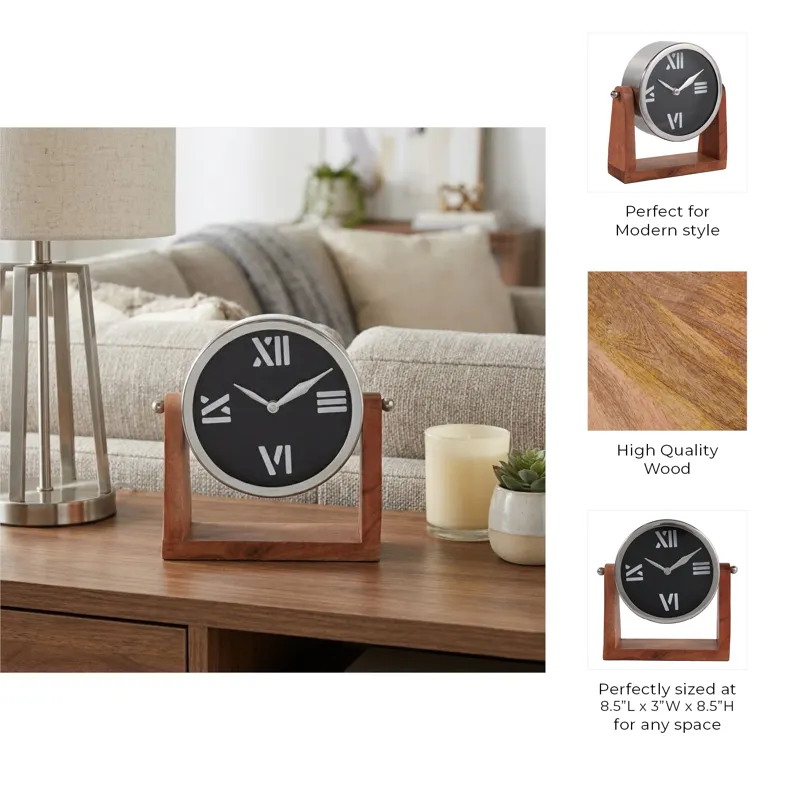 9x8\" Clock On Wood Base, Natural/silver