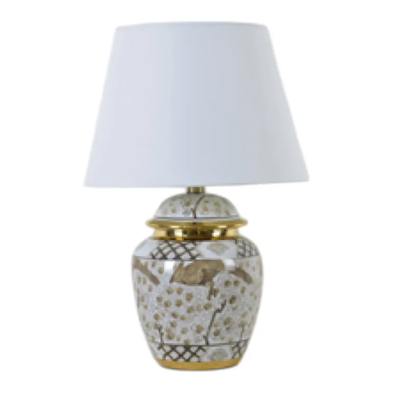 18" Chinoiserie Birds Table Lamp Gold Trim,wht/brw
