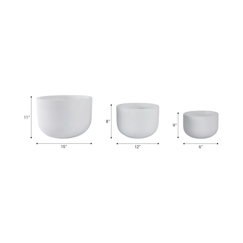 S/3 9/12/15\" Rounded Cement Planters, White